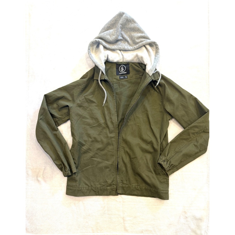 Volcom Mens Hooded Jacket Olive Green Full Zip Twill Utility Coat Size Medium